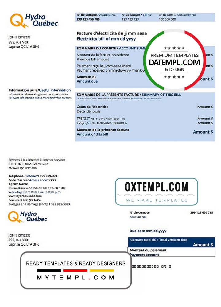Canada Hydro-Québec utility bill template in .doc and .pdf format
